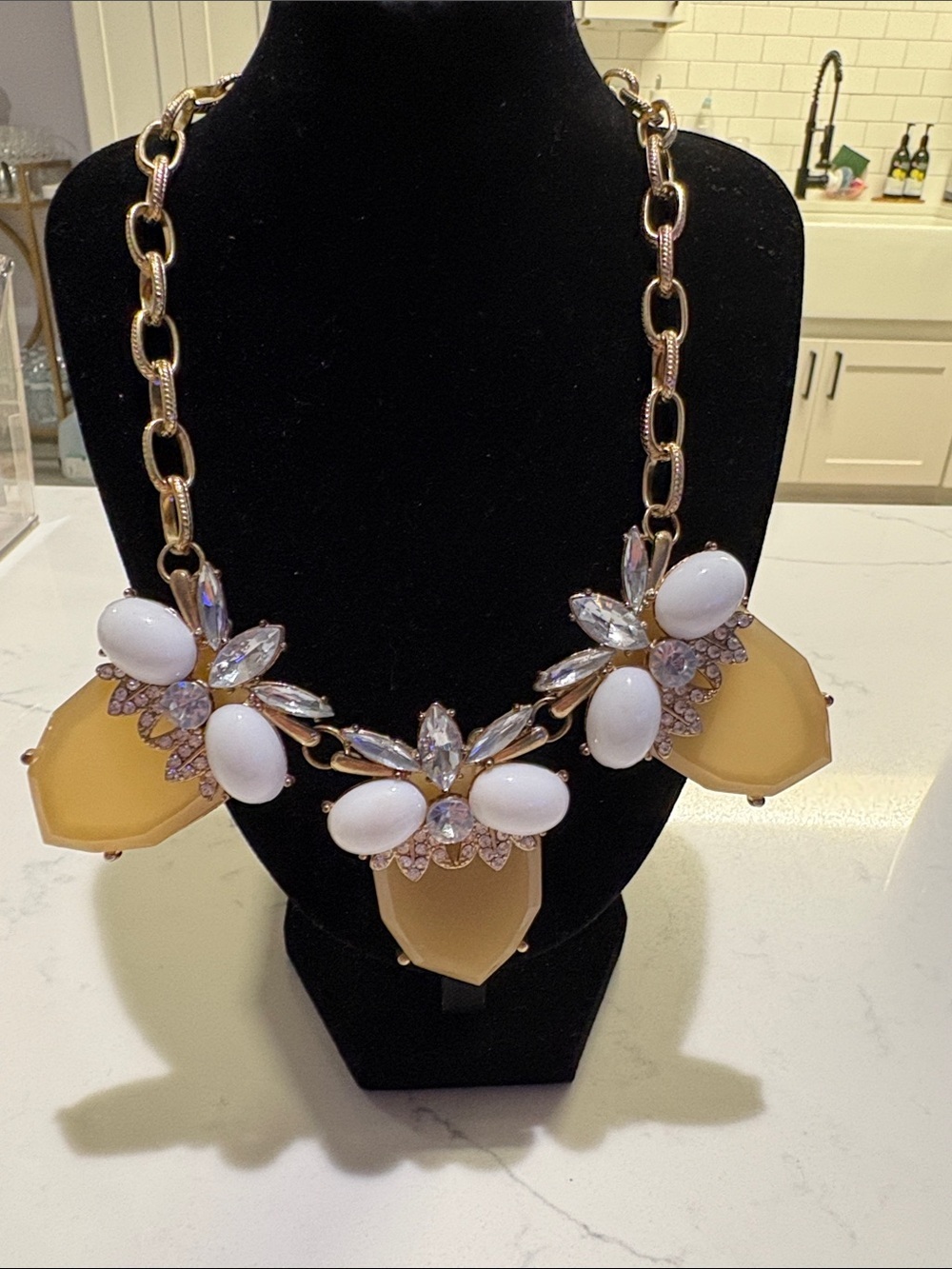 Gold Chain Statement Necklace with White and Mustard Gemstones